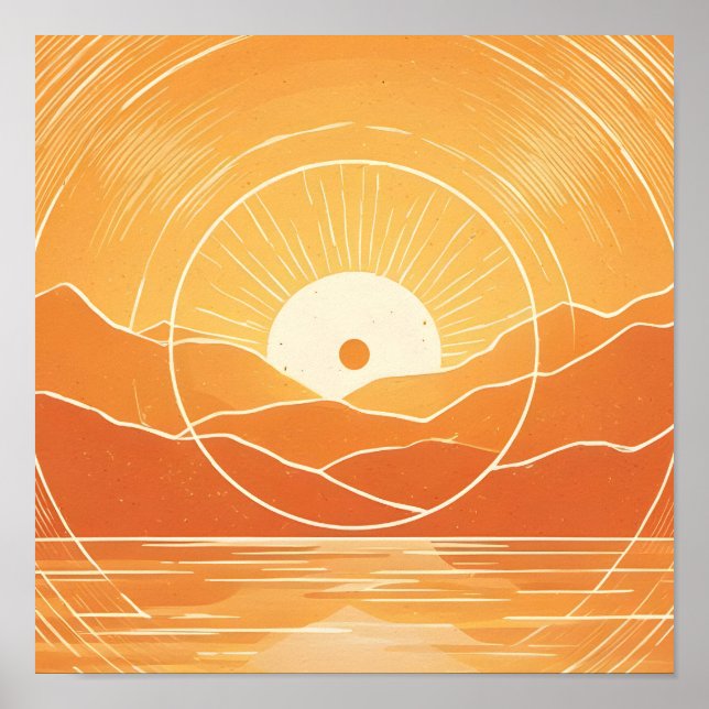 Minimalist Zen Mountain Ocean Retro Sunset Poster (Front)