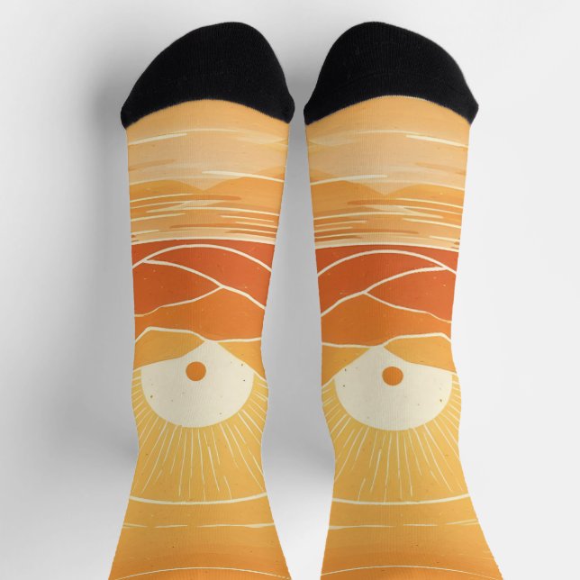 Minimalist Zen Mountain Ocean Retro Sunset Socks (Top)