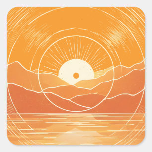 Minimalist Zen Mountain Ocean Retro Sunset Square Sticker