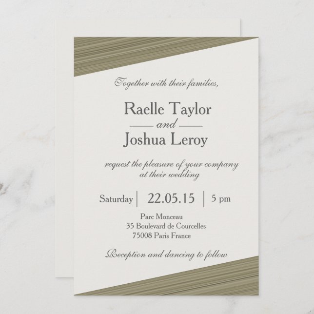 Minimalist zen olive green stripes grey wedding invitation (Front/Back)