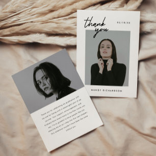 Minimalistic 2-Photo Black White Script Graduation Thank You Card
