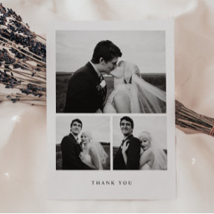 Minimalistic 3-Photo Wedding Black & White Thank You Card
