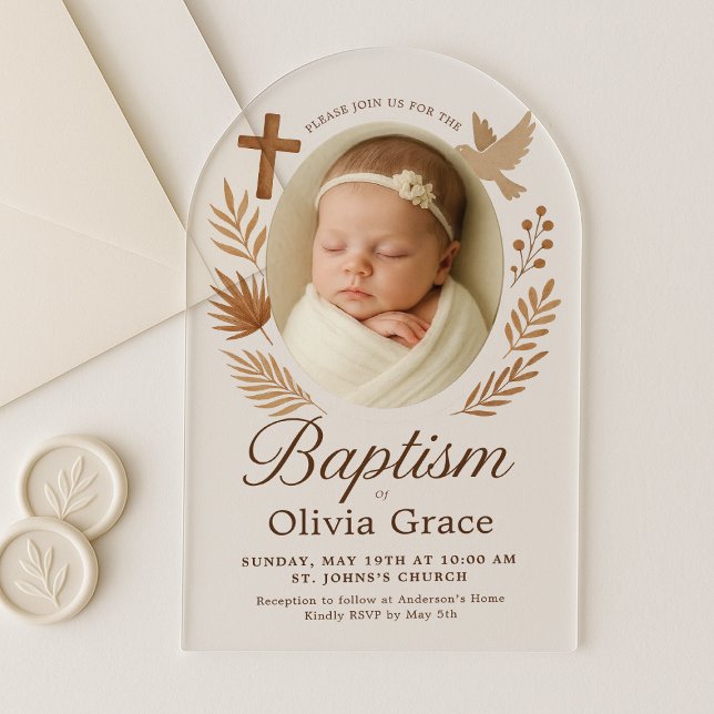 Minimalistic Arched Acrylic Baptism Invitation  (boho-baptism-invitation-dove-cross-neutral-photo.png)