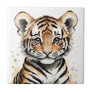 Minimalistic Baby Tiger Face in Ink and Watercolor Ceramic Tile