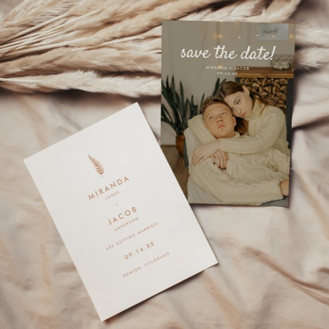 Minimalistic Beige Floral Leaf Wedding Photo Save The Date (Creator Uploaded)