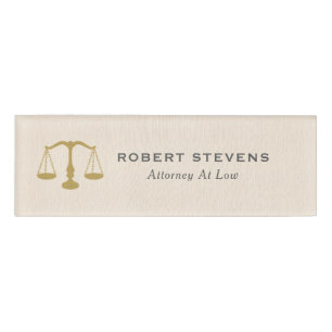 Minimalistic Beige linen & Gold Justice Scale Name Tag