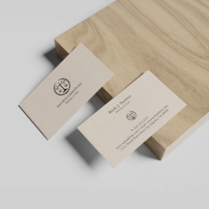 Minimalistic Black Justice Logo On Beige Linen Business Card