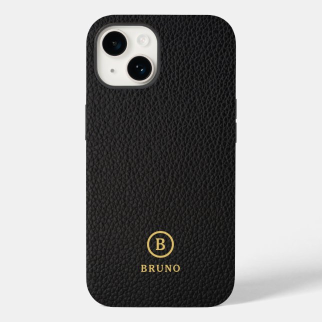 Minimalistic Black Leather Text Custom Monogram Case-Mate iPhone Case (Back)