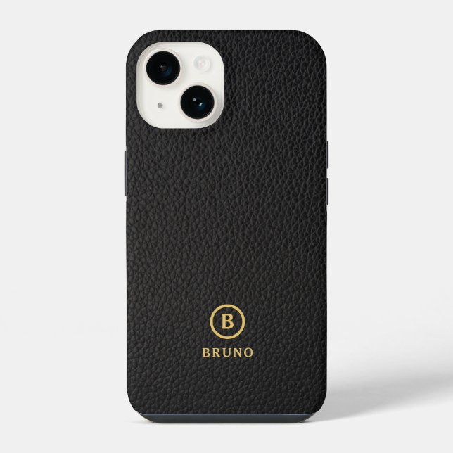 Minimalistic Black Leather Text Custom Monogram iPhone Case (Back)