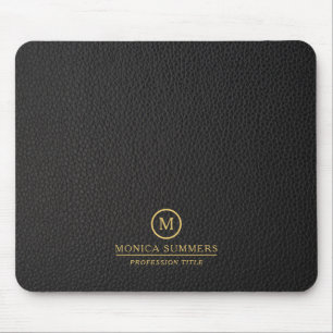 Minimalistic Black Leather Text Custom Monogram Mouse Pad