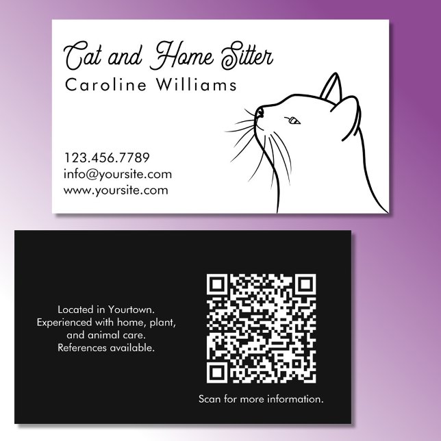Minimalistic Black White Cat Illustration QR code Business Card (Creator Uploaded)