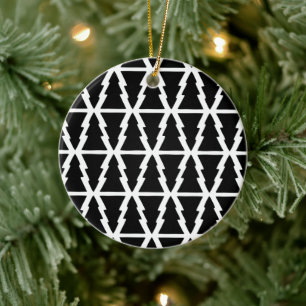 Minimalistic Black & White Christmas Tree Pattern Ceramic Ornament
