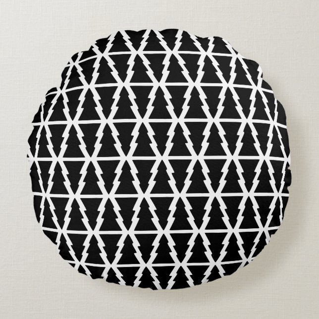 Minimalistic Black & White Christmas Tree Pattern Round Cushion (Front)