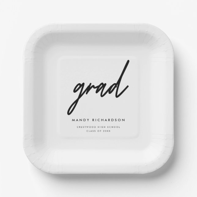 Minimalistic Black & White Custom Graduation Party Paper Plate (Front)