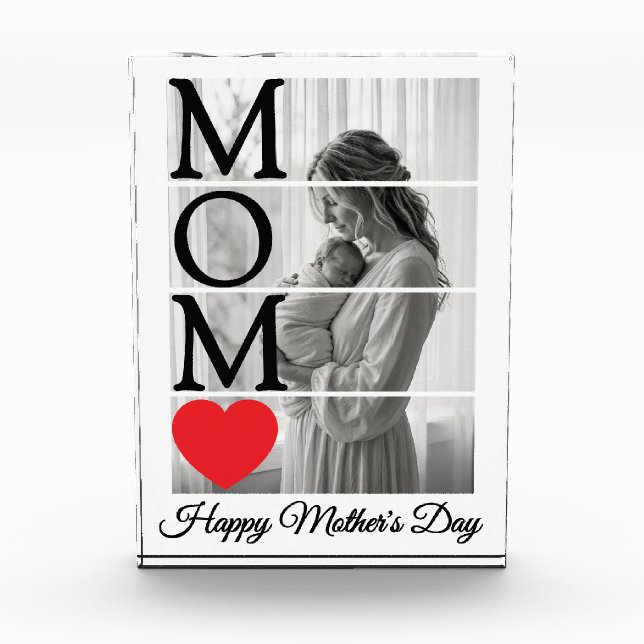 Minimalistic Black & White Custom Mum Red Heart Photo Block (Front)