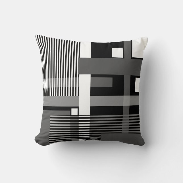 Minimalistic black white grey geometric patchwork  cushion (Front)