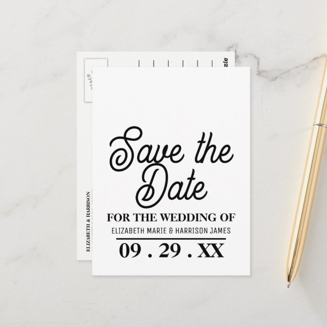 Minimalistic, Black & White, Wedding Save the Date Postcard (Front/Back In Situ)