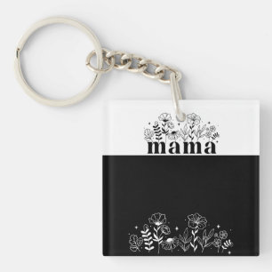 Minimalistic Black & White Wildflower Mama Key Ring