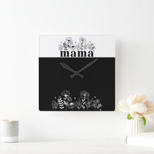 Minimalistic Black & White Wildflower Mama Square Wall Clock