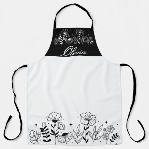 Minimalistic Black & White Wildflower Name Custom Apron