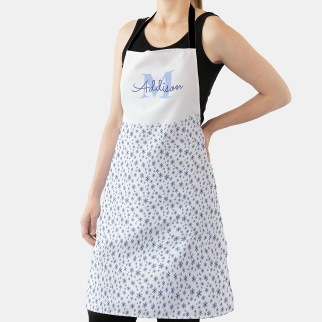 Minimalistic Blue Snowflakes With Name Monogram Apron (Insitu)