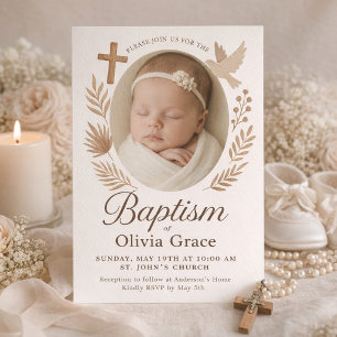 minimalistic boho white Baptism Invitation 