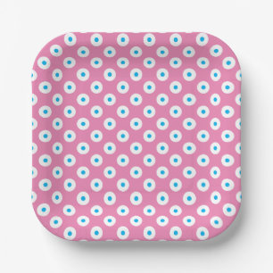 Minimalistic Bright Blue and White Dots on Pink Paper Plate