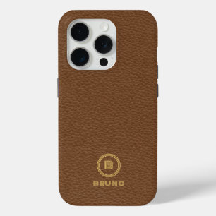 Minimalistic Brown Leather Text Custom Monogram iPhone 15 Pro Case