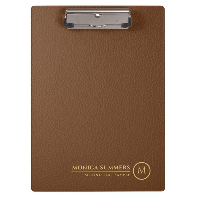 Minimalistic Brown Leather Text Custom Monogram Clipboard (Front)