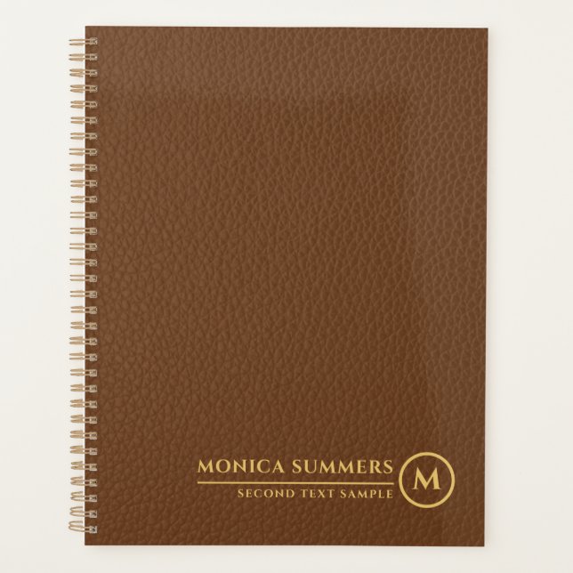Minimalistic Brown Leather Text Custom Monogram Planner (Front)