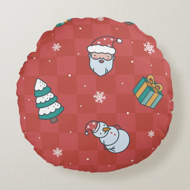 Minimalistic Christmas: Red Seamless Design. Round Cushion (Front)
