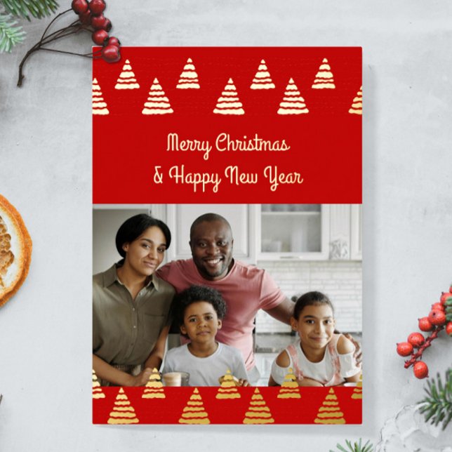 Minimalistic Christmas trees Photo Foil Holiday Card (Minimalistic custom red Christmas trees foil card with your photo and text. Personalize it easily.)