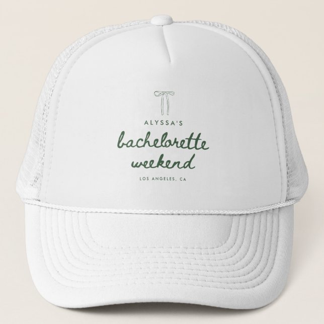 Minimalistic Coquette Green Bachelorette Weekend Trucker Hat (Front)