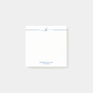 Minimalistic Custom Blue on White Script Monogram Post-it Notes