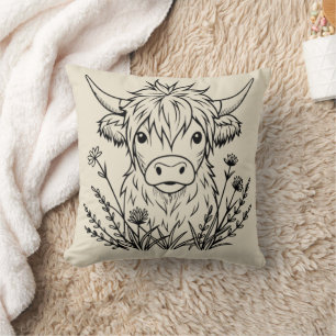 Minimalistic Cute Highland Cow Wildflowers Cushion