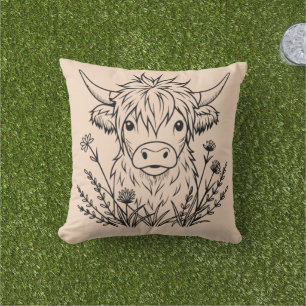 Minimalistic Cute Highland Cow Wildflowers Cushion