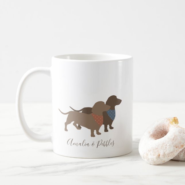 Minimalistic Dachshund Silhouettes and dogs' names Coffee Mug (With Donut)