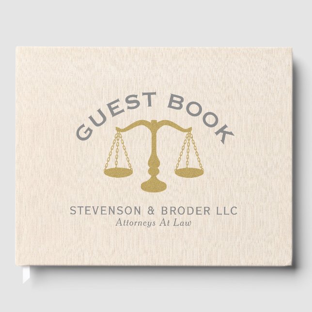 Minimalistic Design Beige Linen & Gold Law Scale Guest Book (Front)