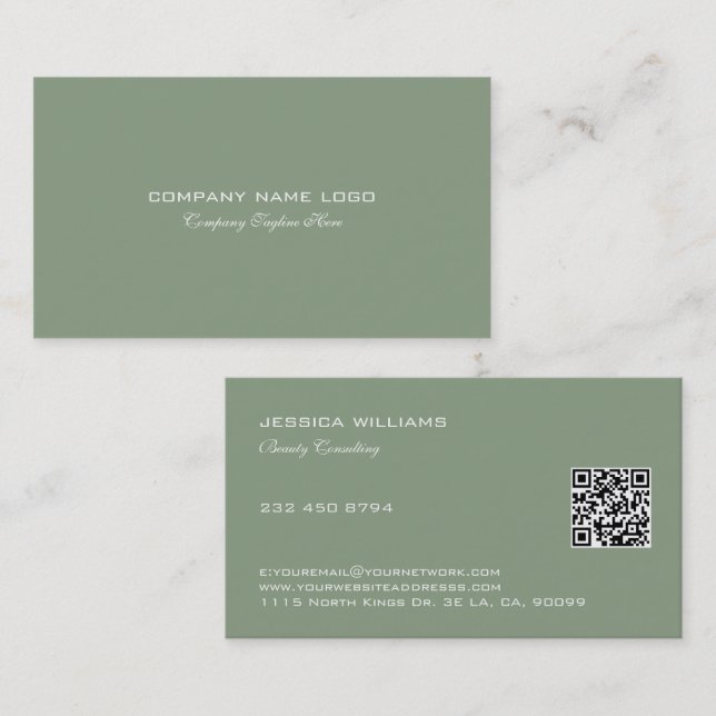 Minimalistic Design White Text On Sage Green Business Card (Front/Back)