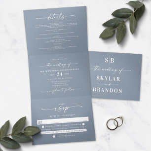 Minimalistic Dusty Blue All In One Wedding Photo Tri-Fold Invitation
