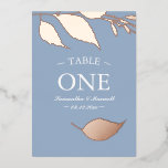 Minimalistic Elegant Dusty Blue Table Number<br><div class="desc">Elevate your dusty blue wedding with these elegant table number cards, designed to complement your overall wedding reception decor. Featuring a simple, modern layout, each card frames your table details with a refined botanical border of gold foil greenery set against a rich dusty blue background. The classic serif typography adds...</div>