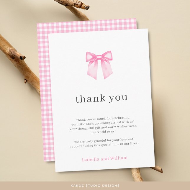 Minimalistic Elegant Pink Bow Baby Shower Card (Front and back of card is shown in 3.5x5 inches. Personalize and choose paper and corner style.)