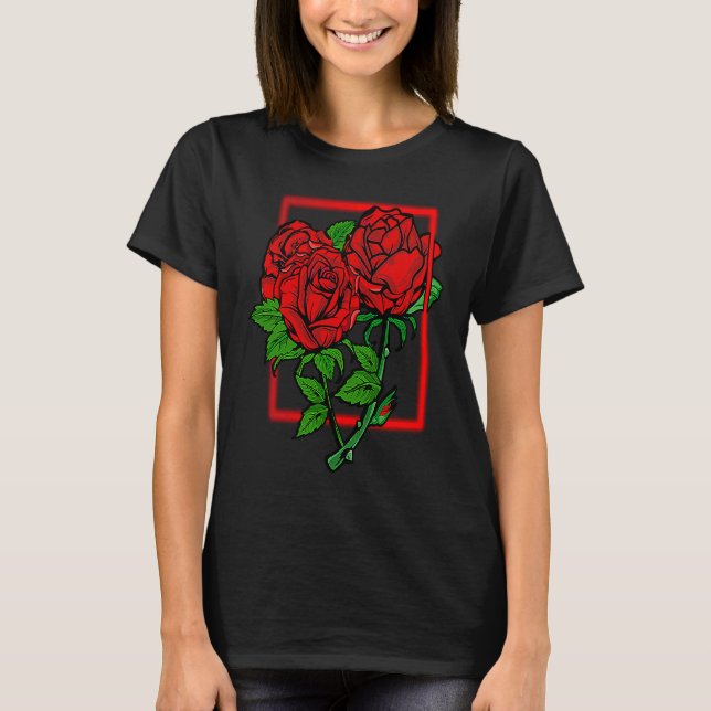 Minimalistic Elegant Rose Flowers Red Roses Floral T-Shirt (Front)