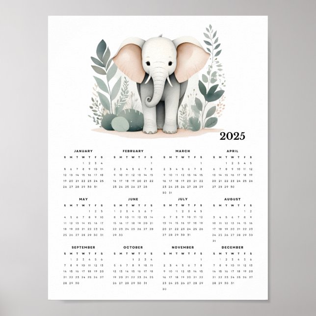 Minimalistic Elephant Boho 2025 Wall Calendar Poster (Front)