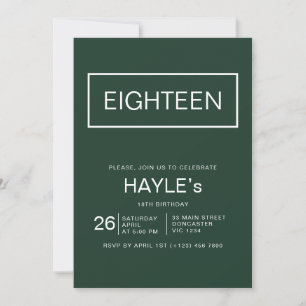 Minimalistic Emerald Green and Gold 18th Birthday Invitation