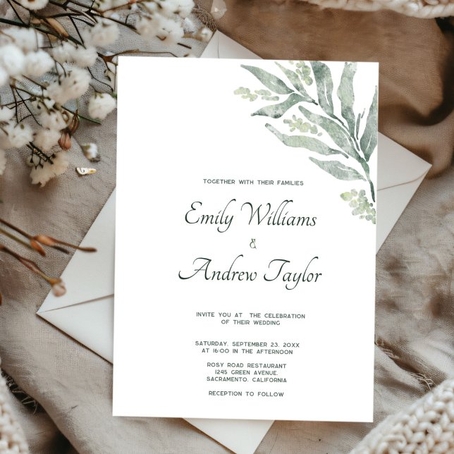 Minimalistic eucalyptus wedding invitation  (Elegant minimalistic watercolor eucalyptus green invitation, perfect for weddings)