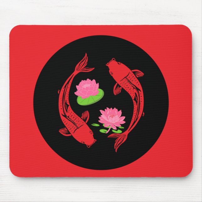 Minimalistic Fish Koi Swirl With Water Lillies Mouse Pad (Front)
