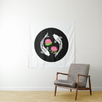 Minimalistic Fish Koi Swirl With Water Lillies Tapestry
