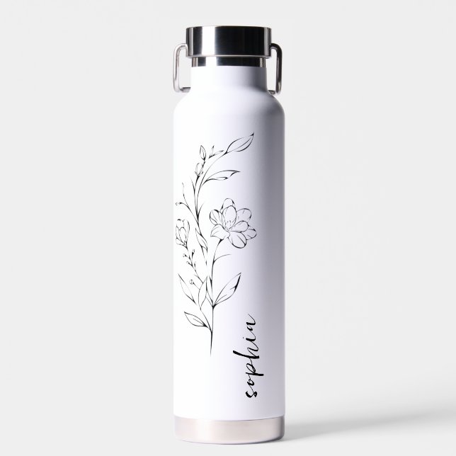 minimalistic floral design custom name tumbler . water bottle (Front)