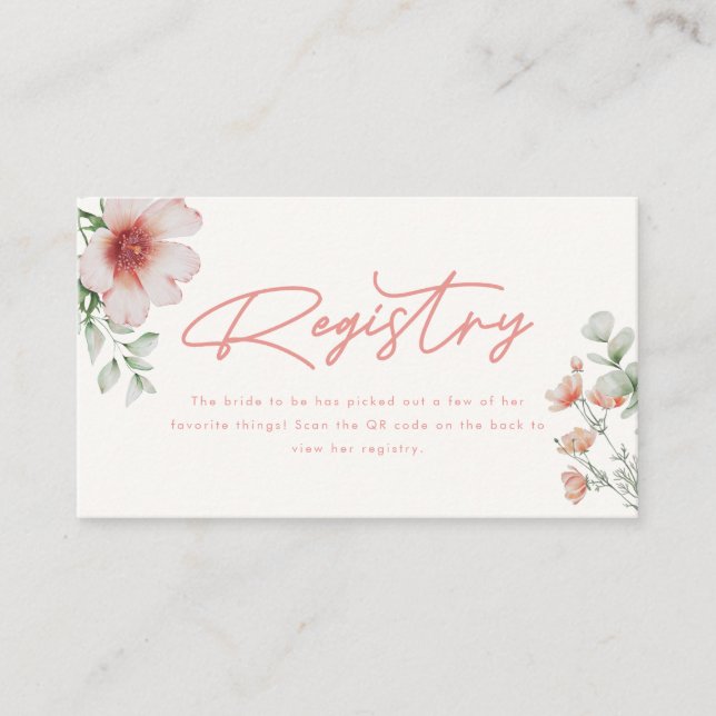 Minimalistic Floral Registry QR Code Bridal Shower Enclosure Card (Front)